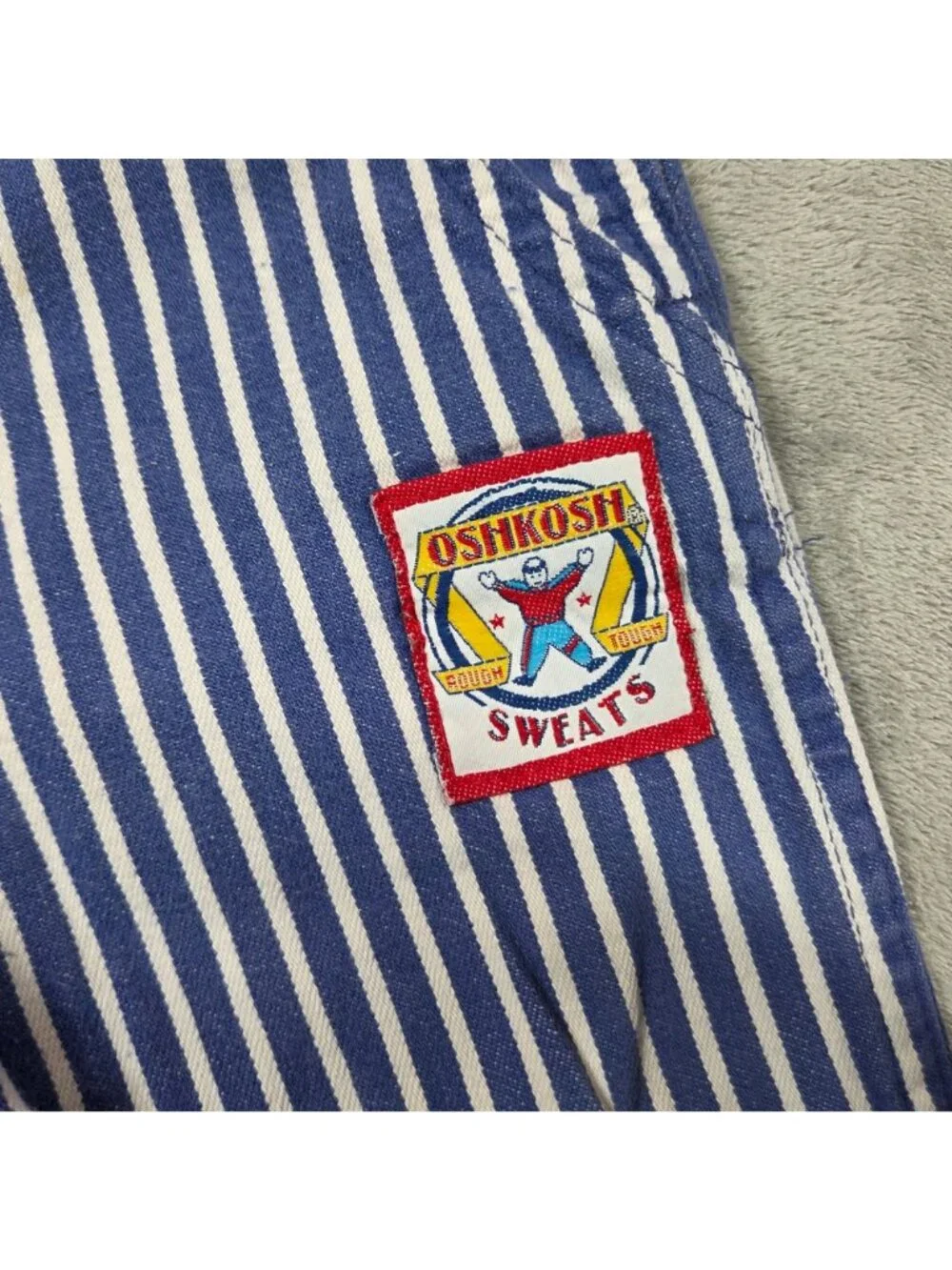 Vintage OshKosh BGosh Overalls 24 Mo Blue Striped Green Cuff Denim Vestbak USA
